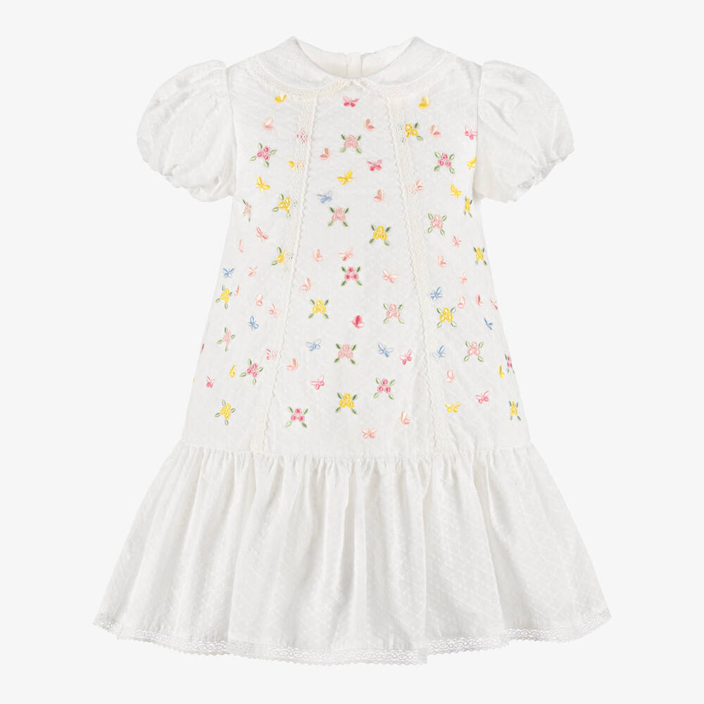 Lapin House-Girls Off-White Dress with Embroidered Flowers & Butterflies | Childrensalon Outlet