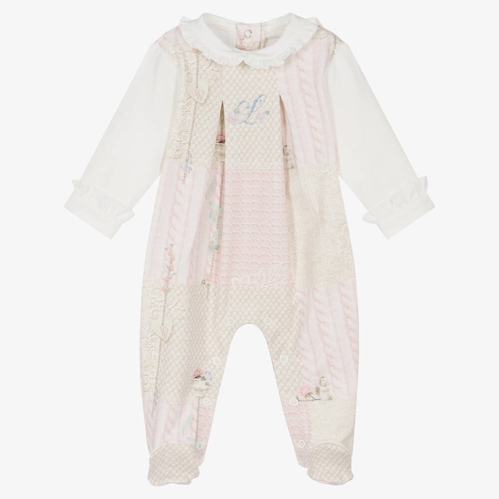 Lapin House - Girls Pink & Beige Cotton Babygrow  | Childrensalon