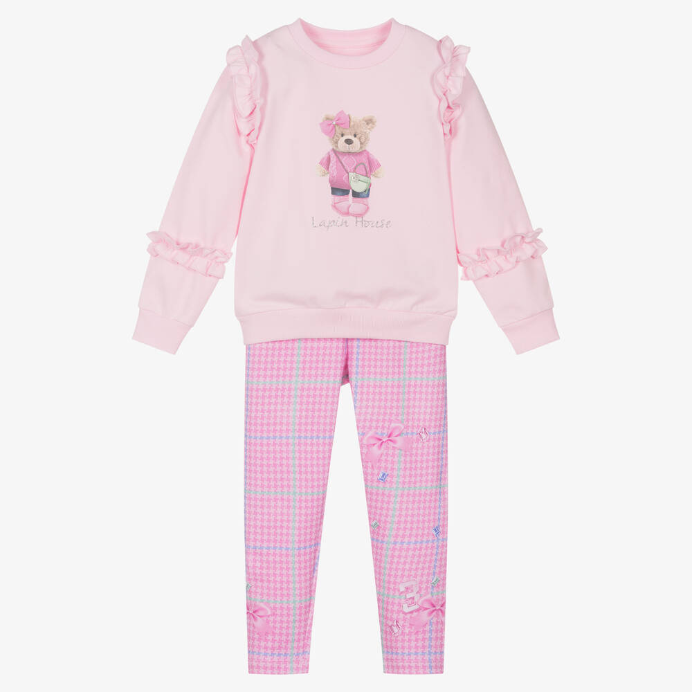 Lapin House - Girls Pink Cotton Bear Leggings Set | Childrensalon