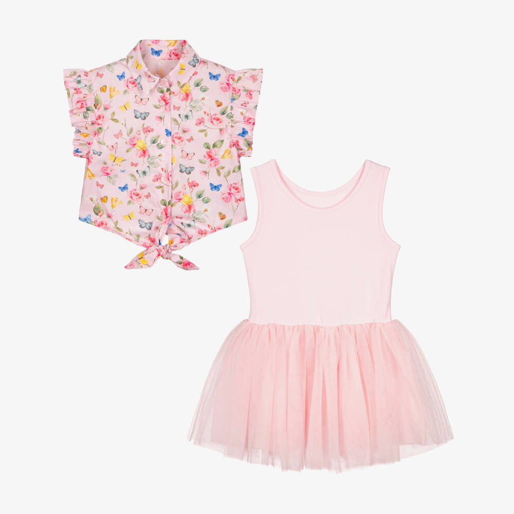 Lapin House-Girls Pink Cotton Blouse & Tulle Dress Set | Childrensalon Outlet