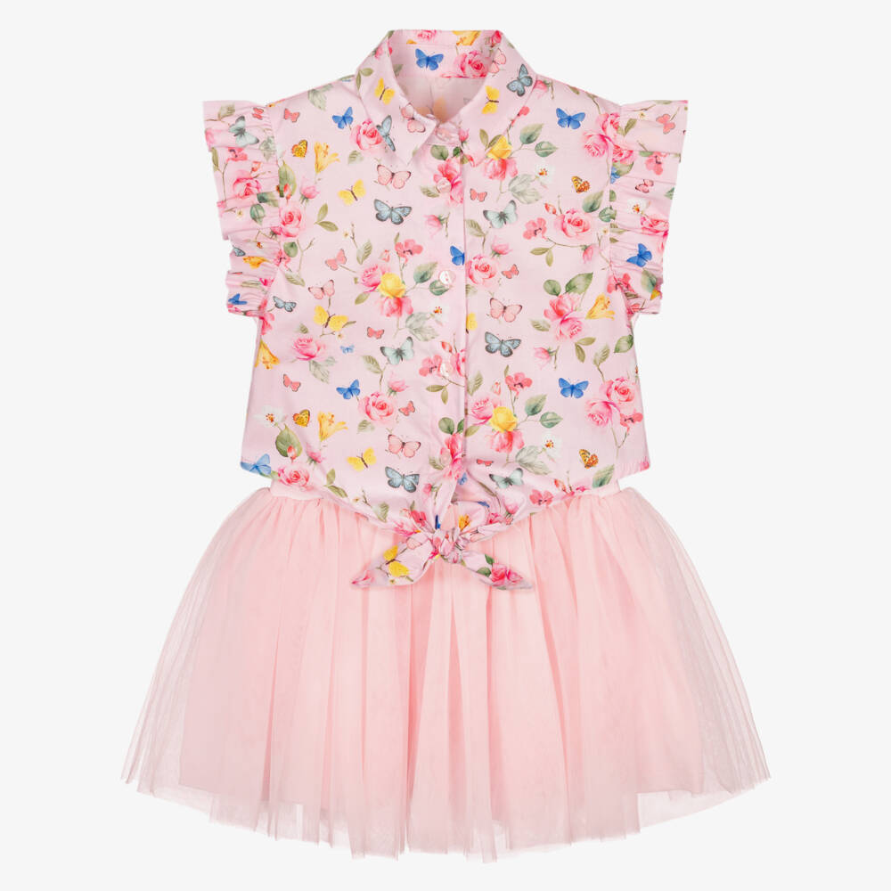 Lapin House-Girls Pink Cotton Blouse & Tulle Dress Set | Childrensalon Outlet