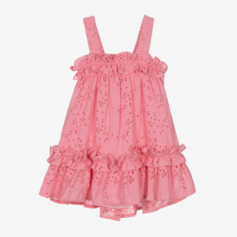 Lapin House-Girls Pink Cotton Broderie Anglaise Dress | Childrensalon Outlet