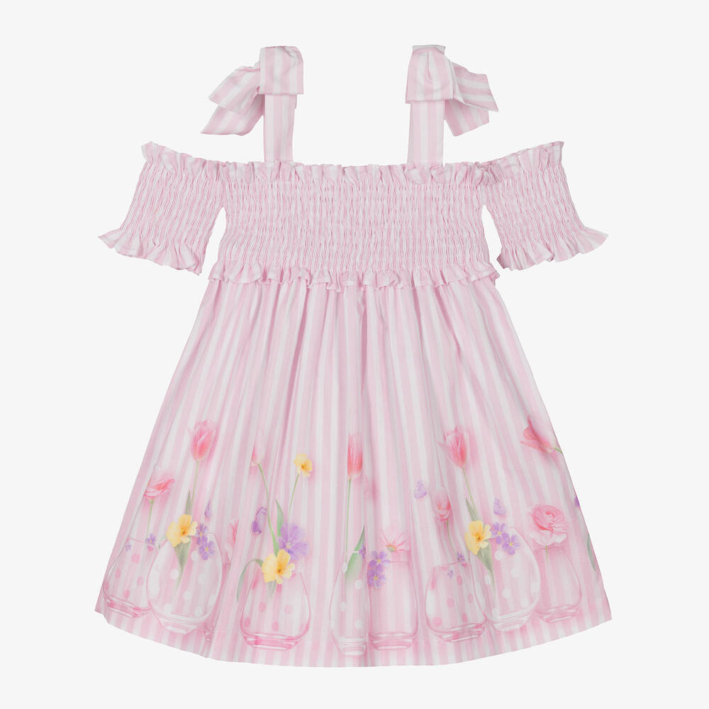 Lapin House-Girls Pink Cotton Floral & Stripe Dress | Childrensalon Outlet