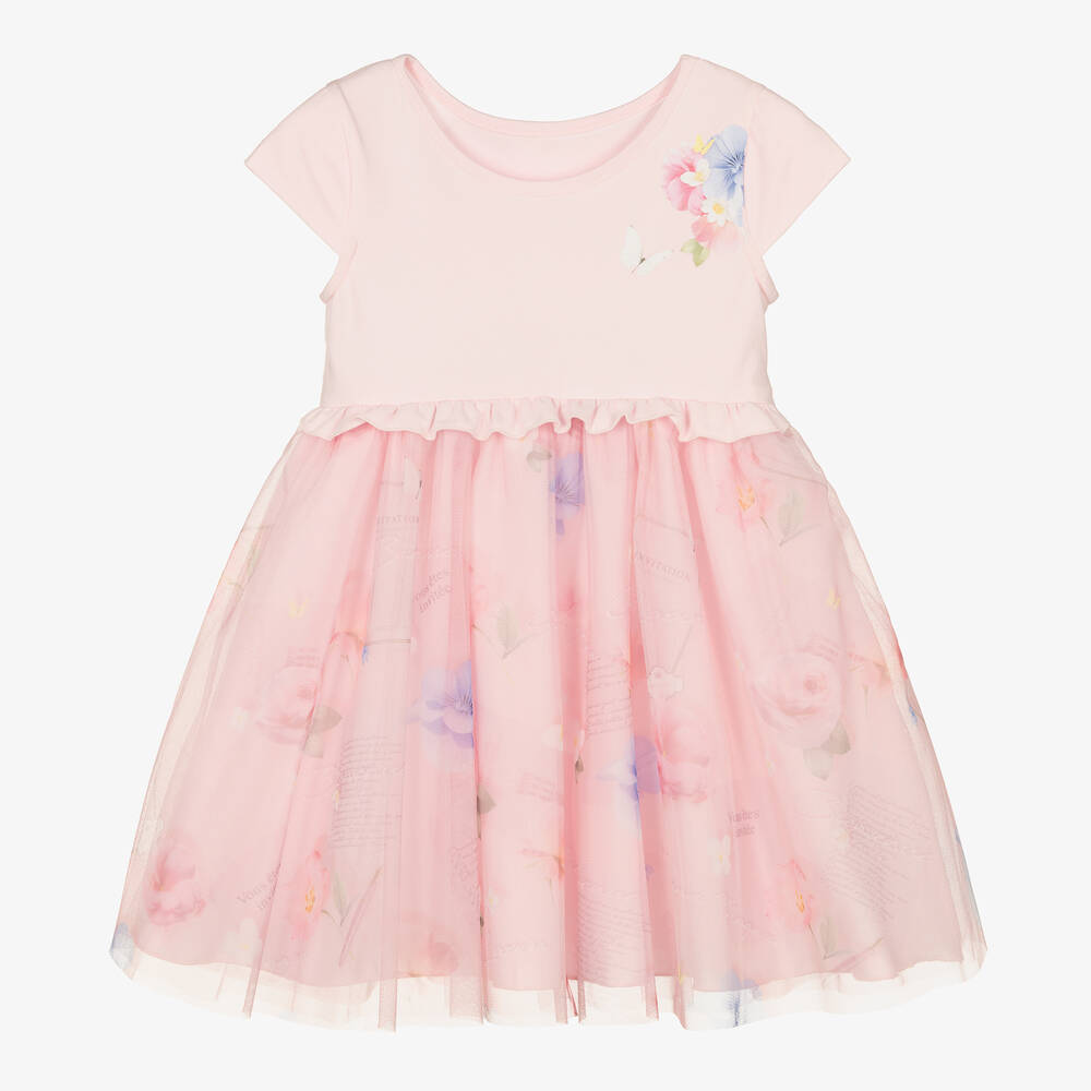 Lapin House - Girls Pink Cotton Jersey & Tulle Dress  | Childrensalon