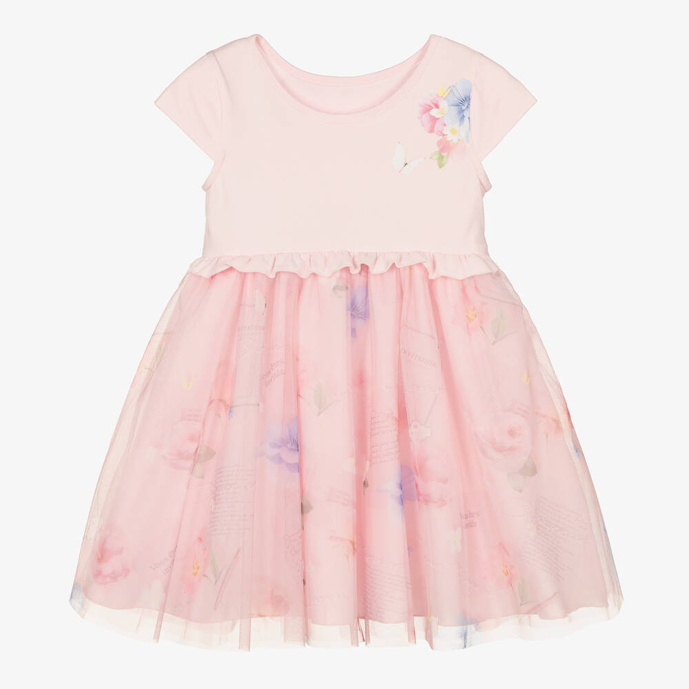 Lapin House - Rosa Baumwolljersey-Kleid mit Tüll  | Childrensalon