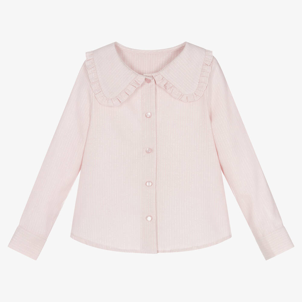 Lapin House - Girls Pink Cotton Lamé Stripe Blouse | Childrensalon