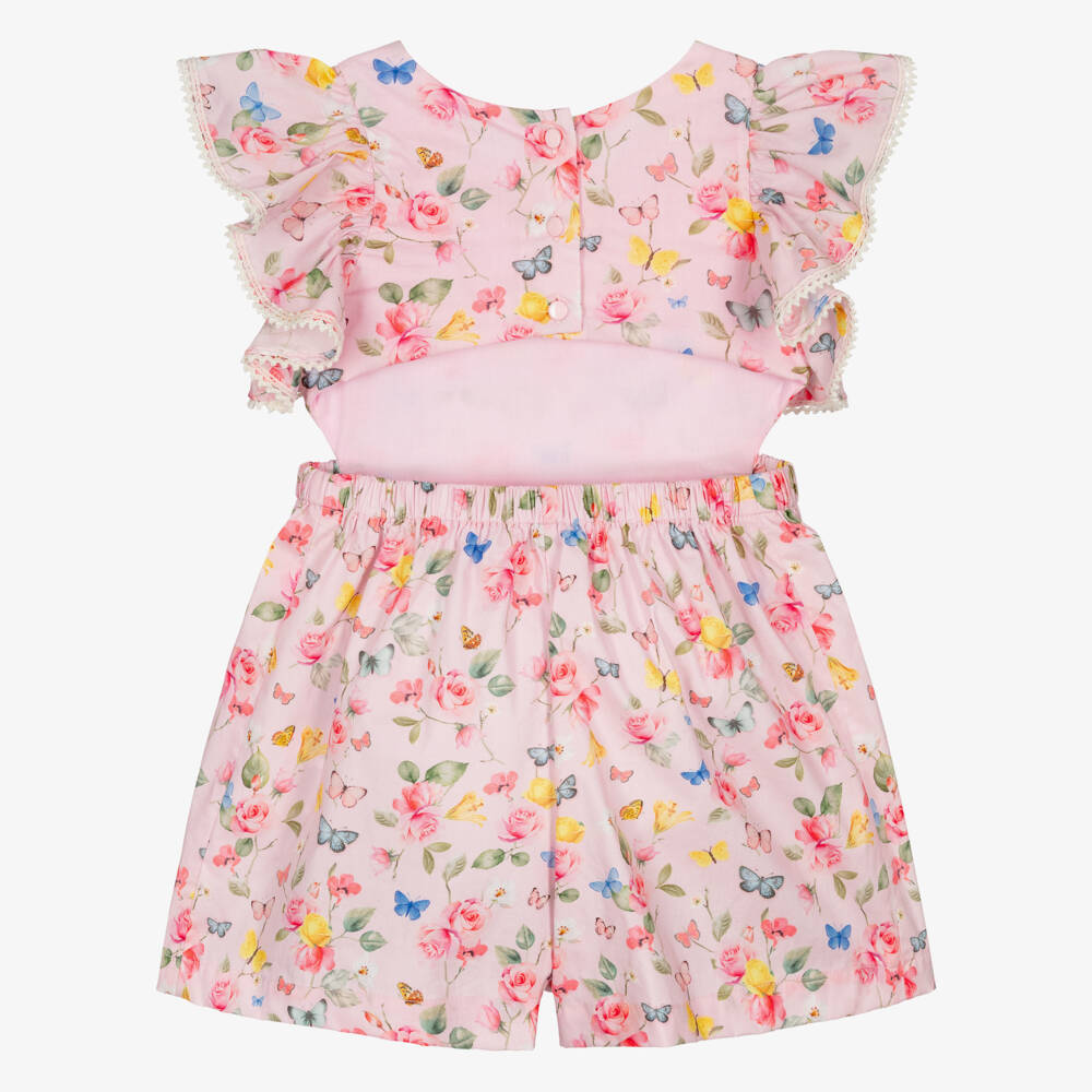 Lapin House-Girls Pink Cotton Open Back Playsuit with Butterflies & Flowers | Childrensalon Outlet