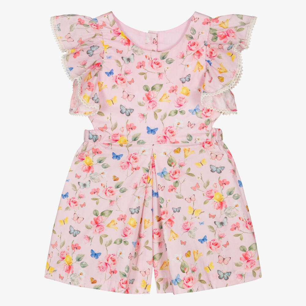 Lapin House-Girls Pink Cotton Open Back Playsuit with Butterflies & Flowers | Childrensalon Outlet