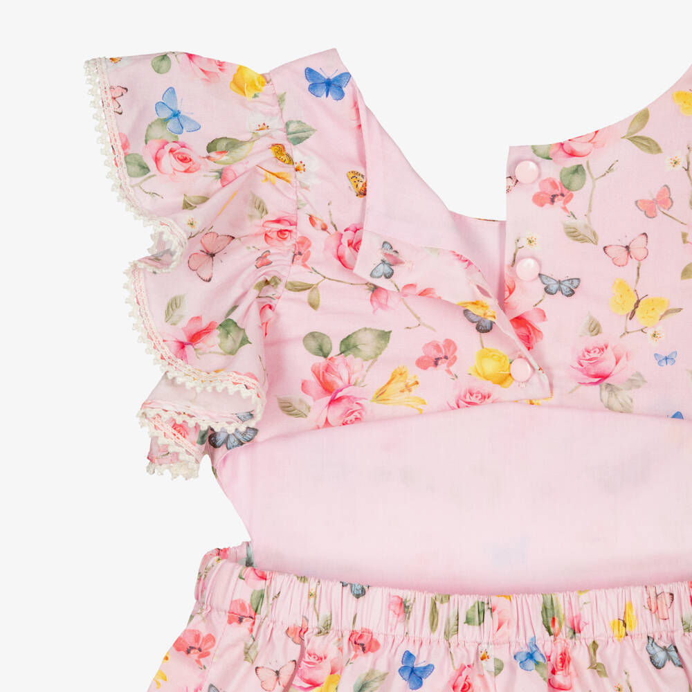 Lapin House-Girls Pink Cotton Open Back Playsuit with Butterflies & Flowers | Childrensalon Outlet