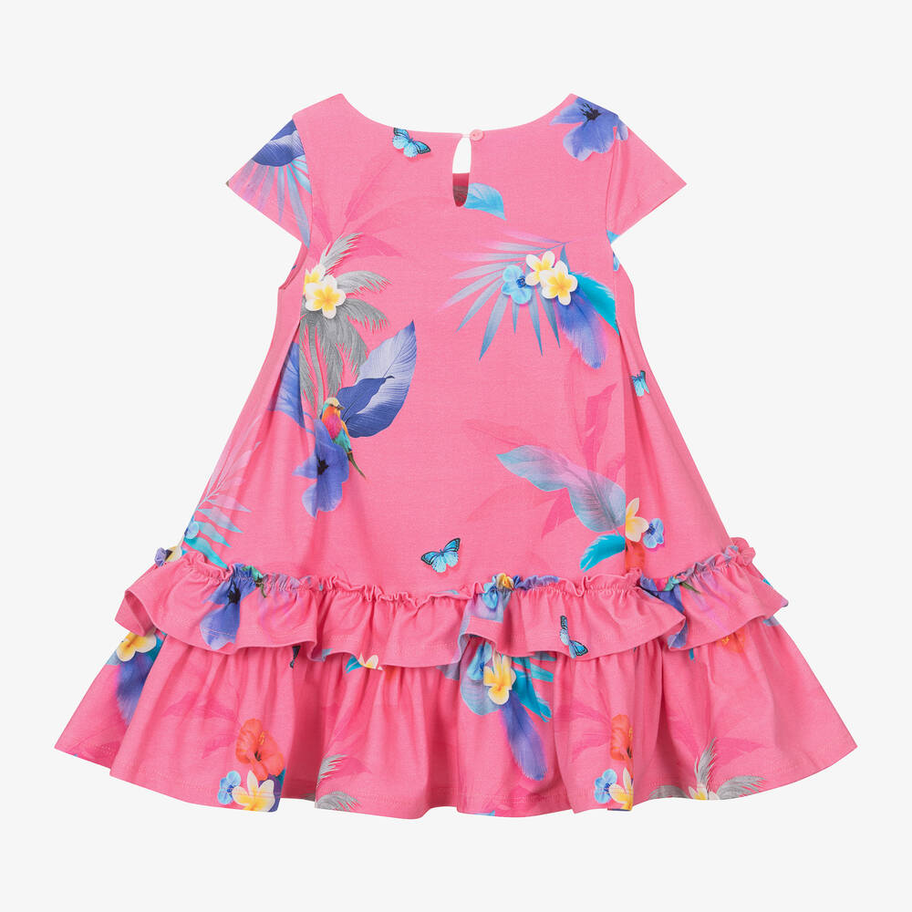 Lapin House-فستان قطن جيرسي لون زهري بطبعة ورود | Childrensalon Outlet