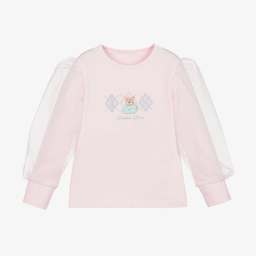 Lapin House - Girls Pink Cotton & Tulle Teddy Top | Childrensalon