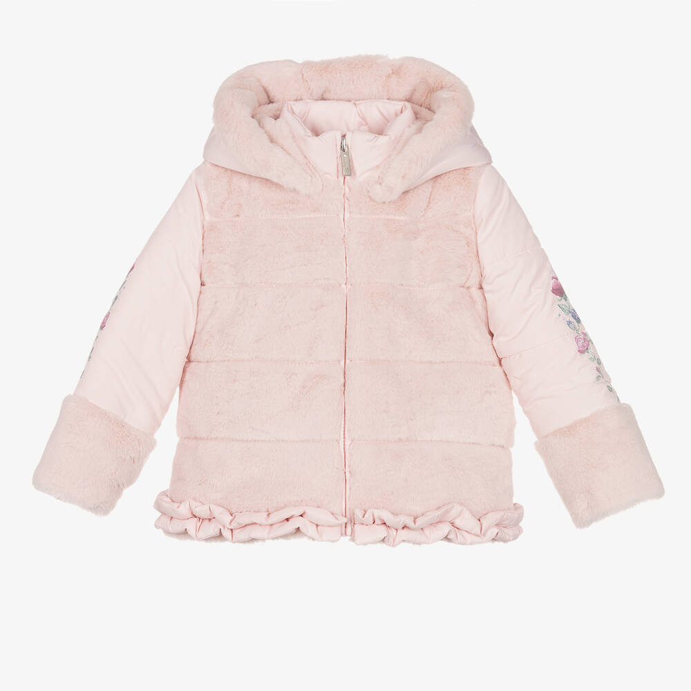 Lapin House - Girls Pink Faux Fur Hooded Coat | Childrensalon