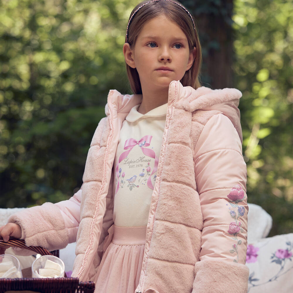 Lapin House - Girls Pink Faux Fur Hooded Coat