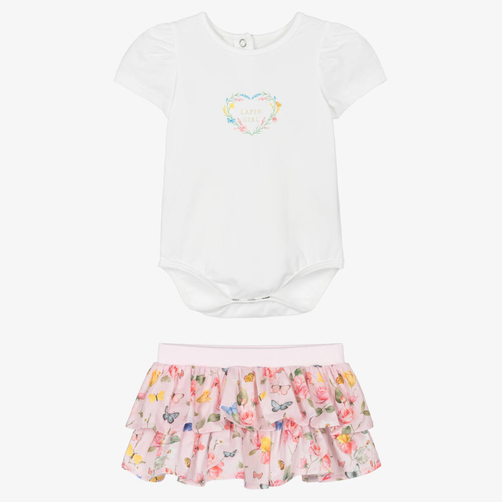 Lapin House-Girls Pink Floral Bodysuit & Skirt Set | Childrensalon Outlet