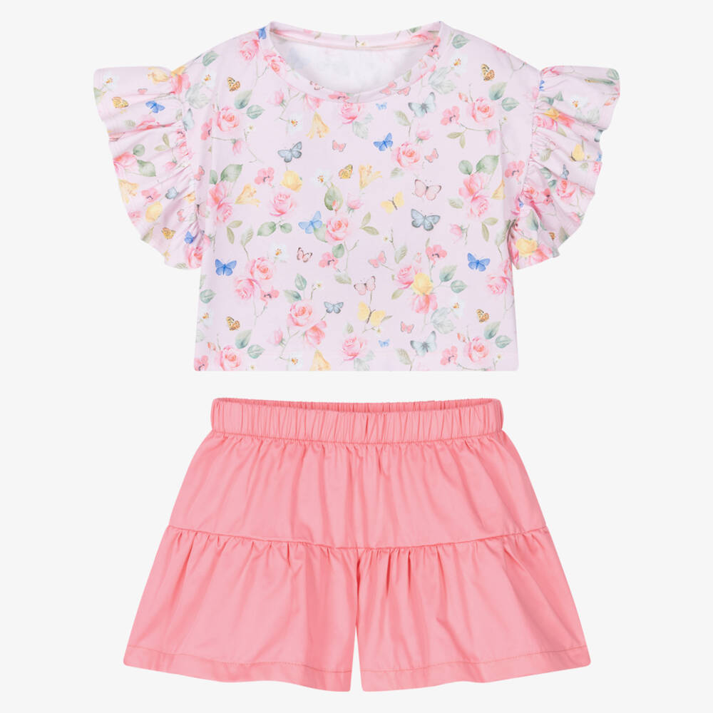 Lapin House-Girls Pink Floral & Butterfly Print Shorts Set | Childrensalon Outlet