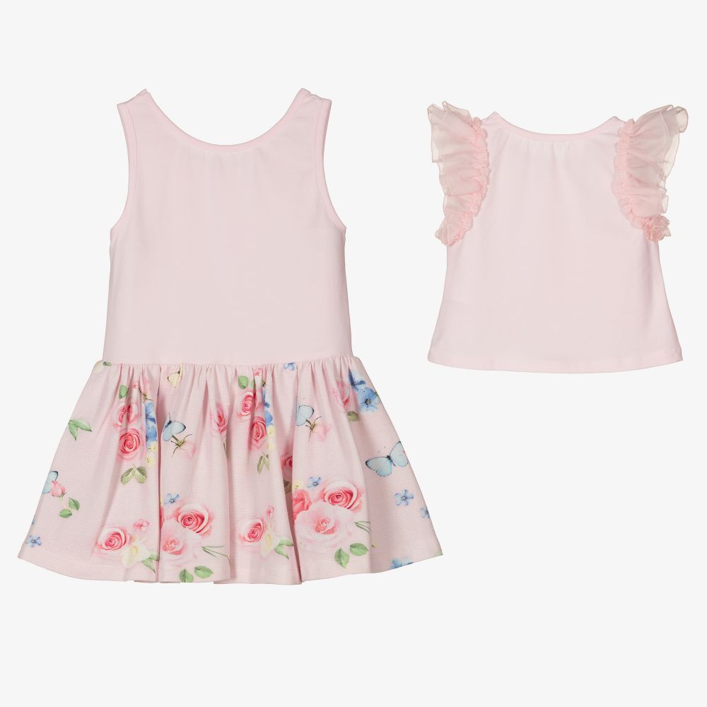 لابين هاوس-طقم فستان مزيج قطن لون زهري باهت بطبعة ورود | Childrensalon Outlet