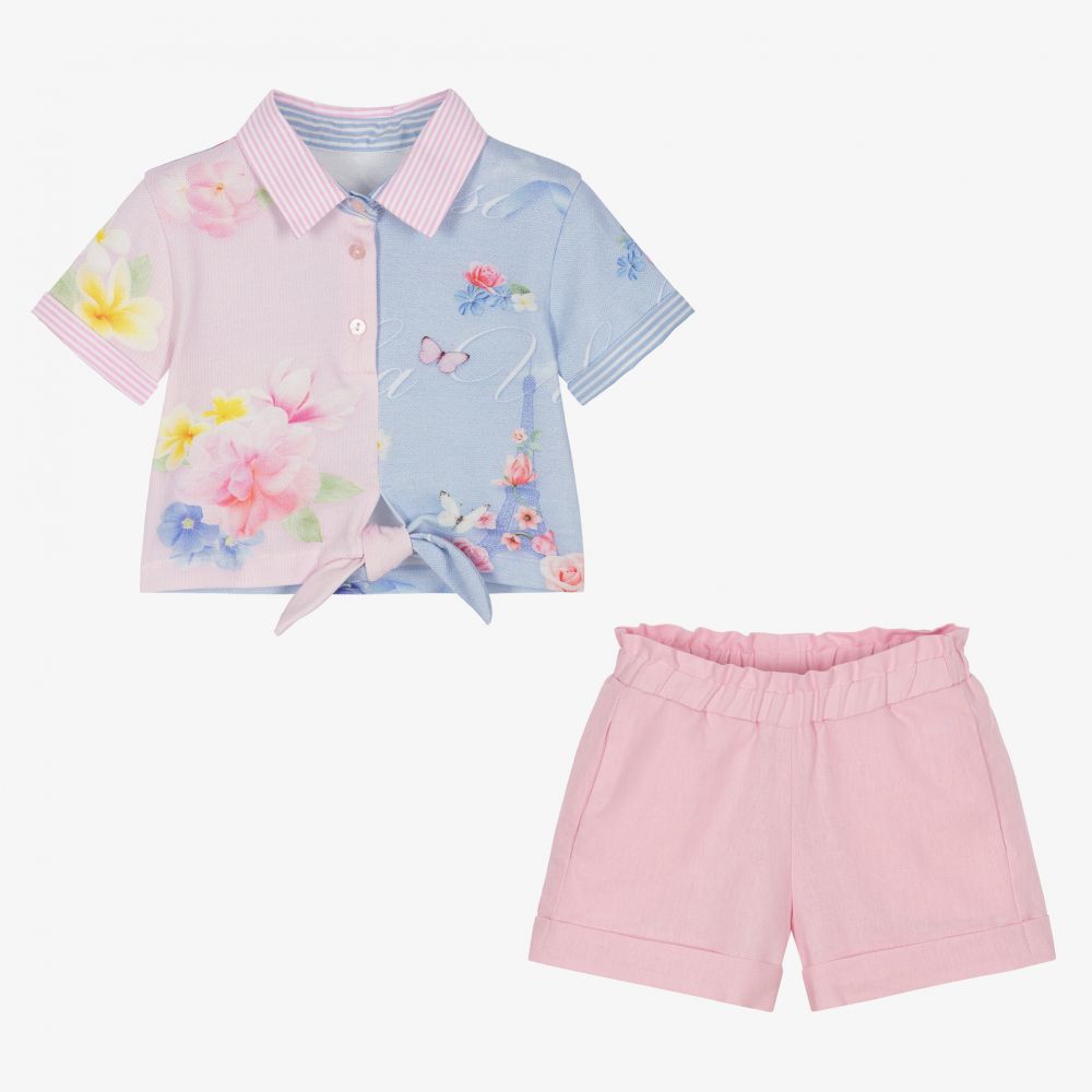 Lapin House-طقم شورت قطن لون زهري وأزرق بطبعة ورود للبنات | Childrensalon Outlet