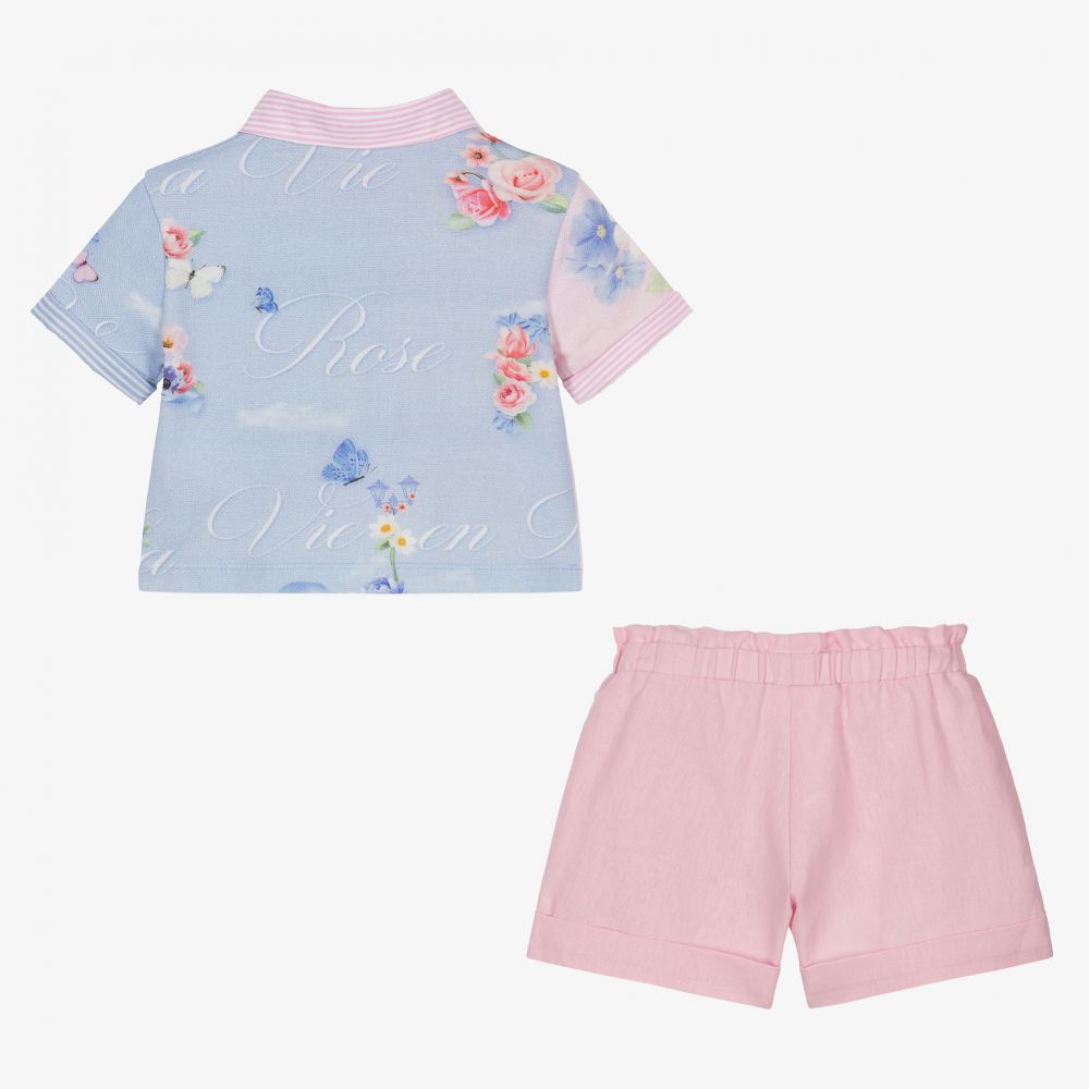 Lapin House-طقم شورت قطن لون زهري وأزرق بطبعة ورود للبنات | Childrensalon Outlet