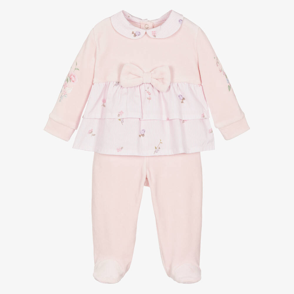 Lapin House - Girls Pink Floral Velour 2 Piece Babygrow | Childrensalon