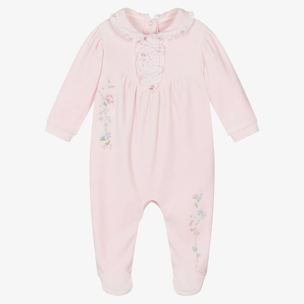 Lapin House - Girls Pink Floral Velour Babygrow | Childrensalon