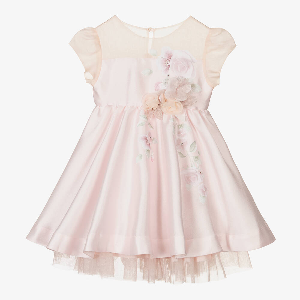 Lapin House - Розовое атласное платье с цветами для девочек | Childrensalon