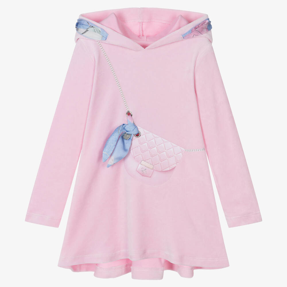 Lapin House - Розовое велюровое платье-худи с принтом-сумкой | Childrensalon