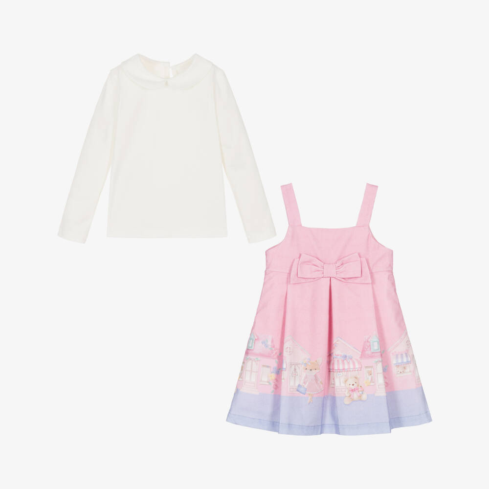 Lapin House-Girls Pink & Ivory Cotton Pinafore Dress Set | Childrensalon Outlet