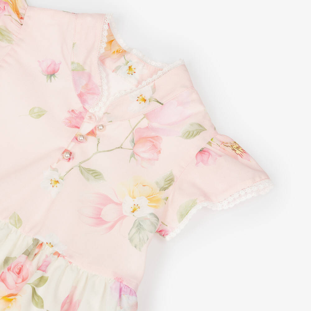 Lapin House-Girls Pink & Ivory Floral Dress with Lace Trim | Childrensalon Outlet
