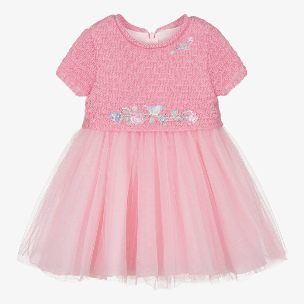 Lapin House - Розовое трикотажное платье с юбкой из тюля и птичками | Childrensalon