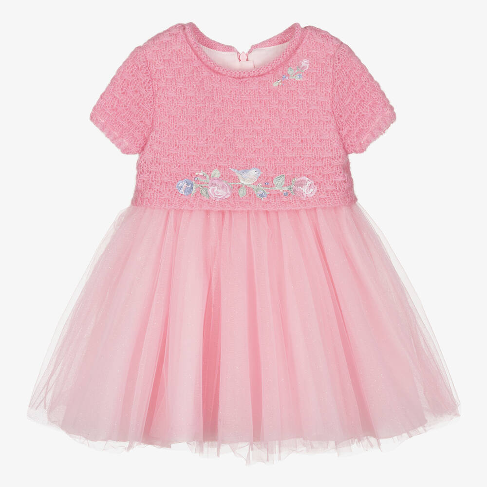 Lapin House - Robe rose maille et tulle à fleurs | Childrensalon