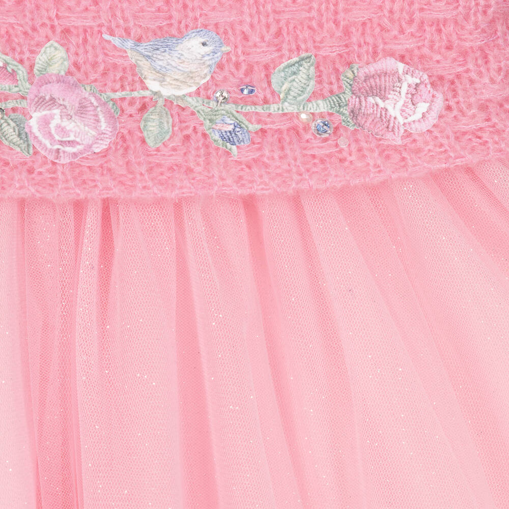 Lapin House-Girls Pink Knit & Tulle Floral Bird Dress | Childrensalon Outlet