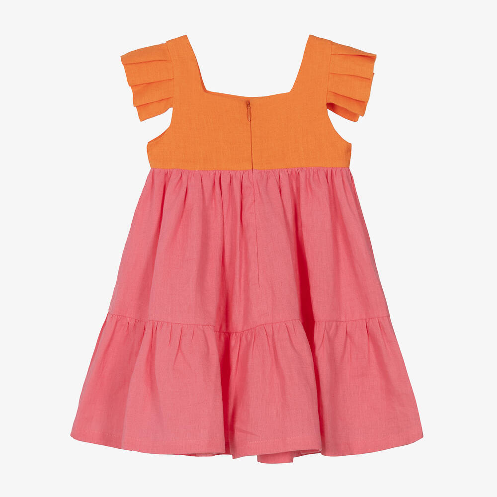 Lapin House-Girls Pink Linen Colourblock Dress | Childrensalon Outlet
