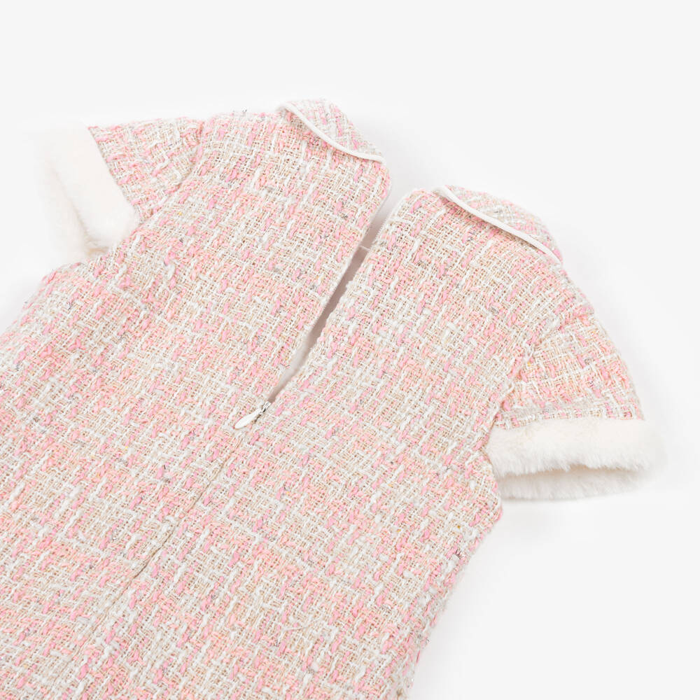 Lapin House-Girls Pink Tweed Dress with Faux Fur Trim | Childrensalon Outlet
