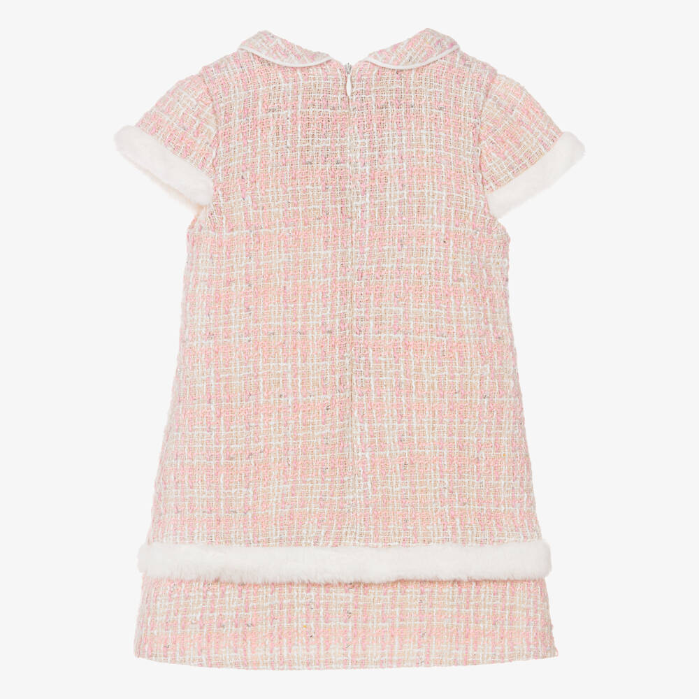 Lapin House-Girls Pink Tweed Dress with Faux Fur Trim | Childrensalon Outlet