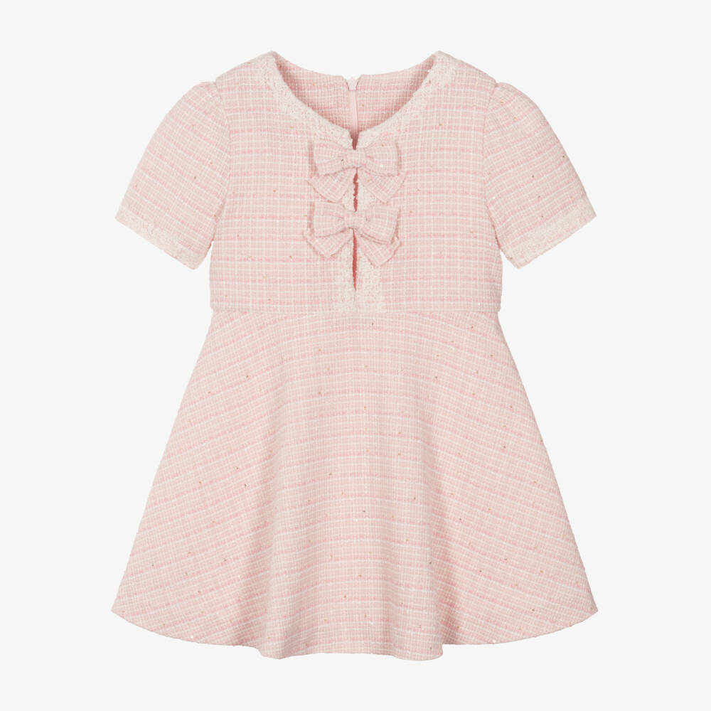 Lapin House-Girls Pink Tweed Short Sleeve Bow Dress | Childrensalon Outlet