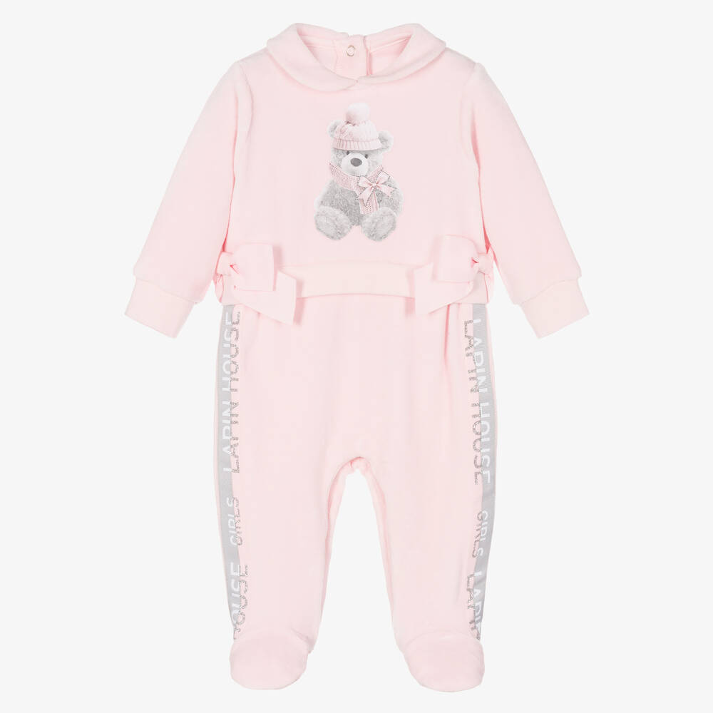 Lapin House - Girls Pink Velour Babygrow | Childrensalon