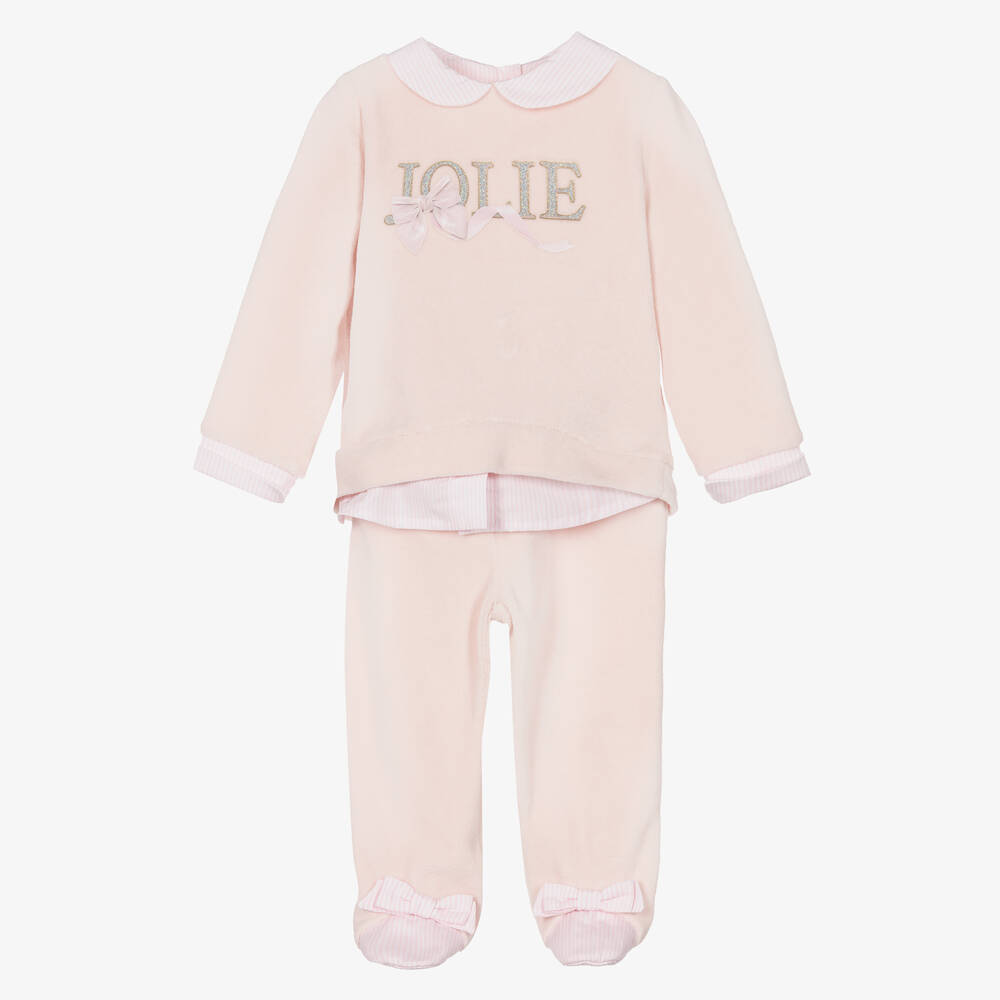 Lapin House - Grenouillère rose en velours Fille | Childrensalon