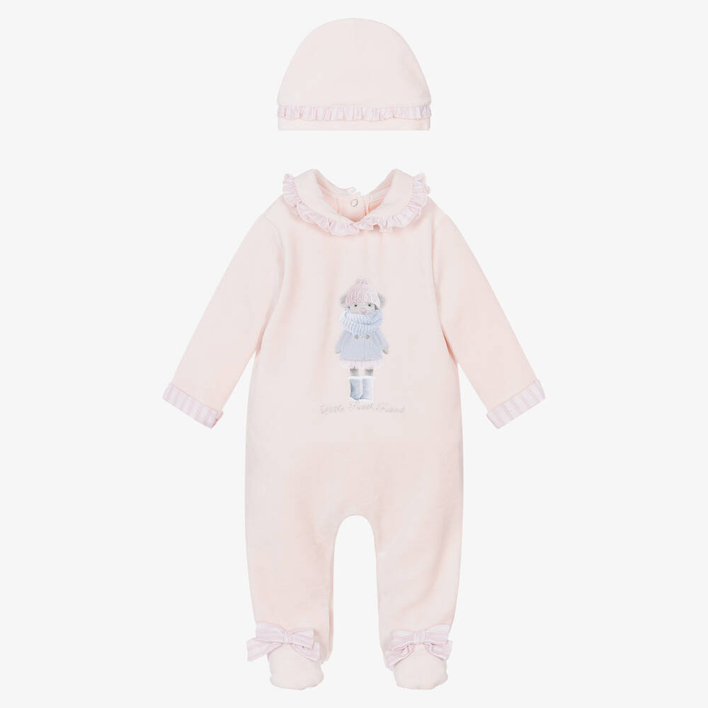 Lapin House - Girls Pink Velour Babygrow & Hat Set | Childrensalon