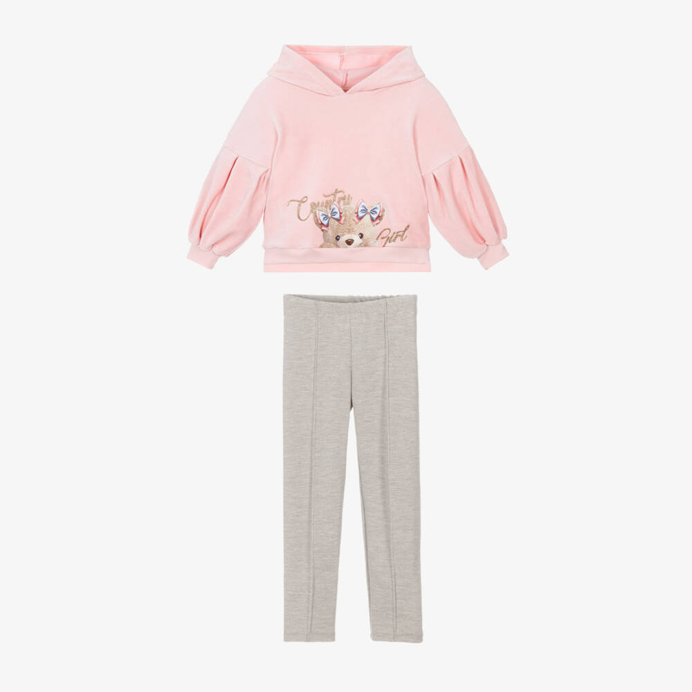 Lapin House-Girls Pink Velour Hoodie & Beige Milano Trouser Set | Childrensalon Outlet