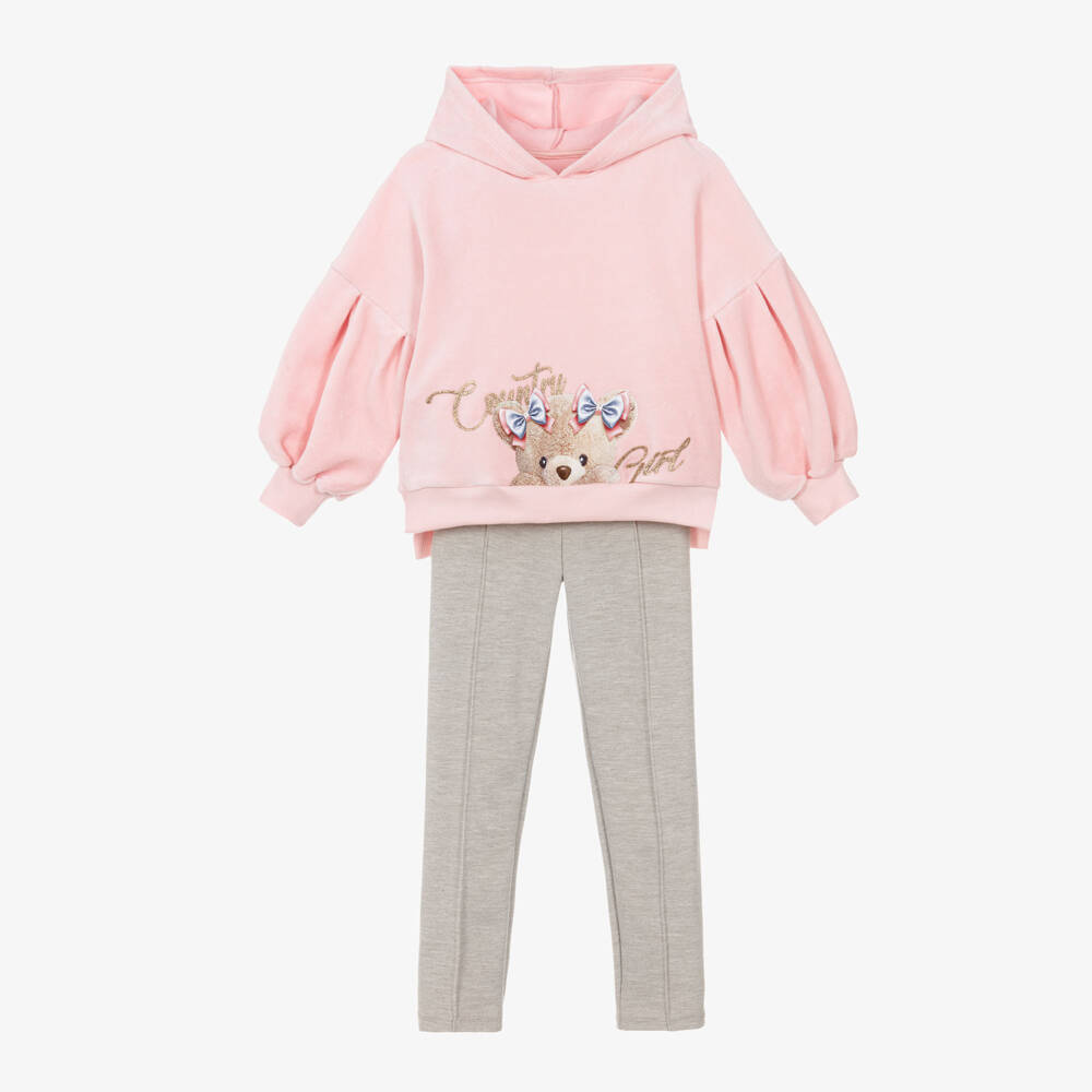 Lapin House-Girls Pink Velour Hoodie & Beige Milano Trouser Set | Childrensalon Outlet