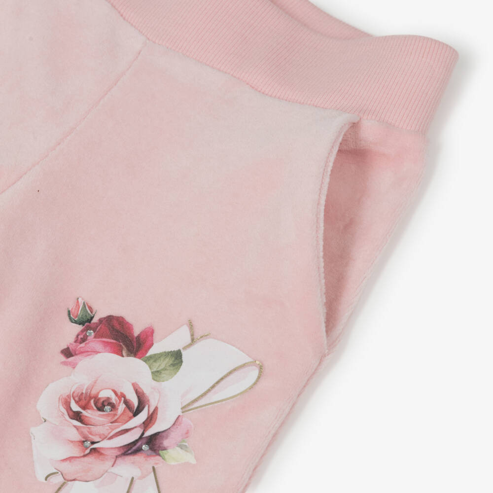Lapin House-Girls Pink Velour Tracksuit with Diamanté Roses | Childrensalon Outlet