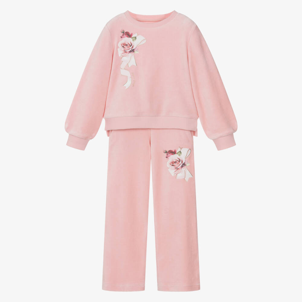 Lapin House-Girls Pink Velour Tracksuit with Diamanté Roses | Childrensalon Outlet
