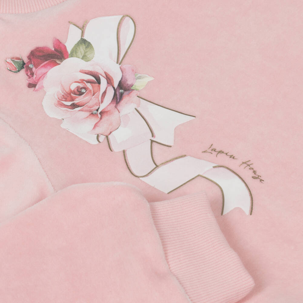 Lapin House-Girls Pink Velour Tracksuit with Diamanté Roses | Childrensalon Outlet
