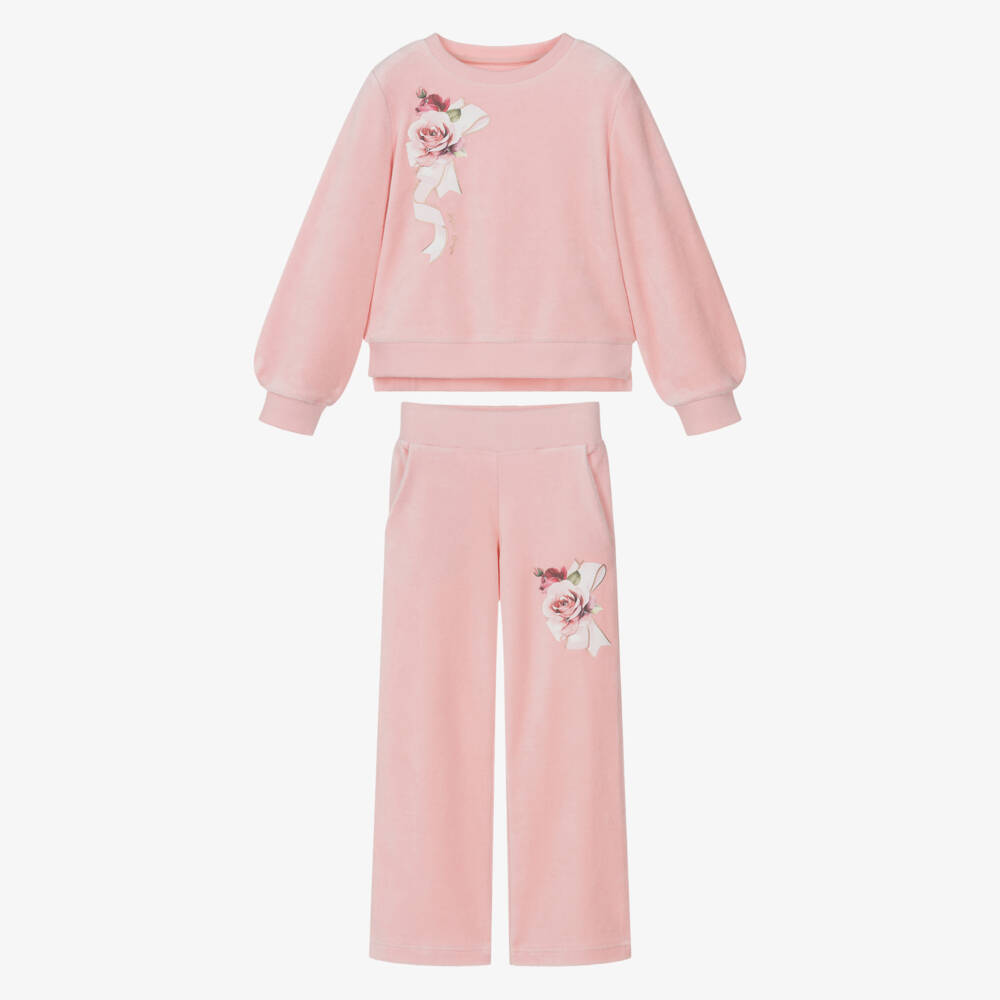 Lapin House-Girls Pink Velour Tracksuit with Diamanté Roses | Childrensalon Outlet