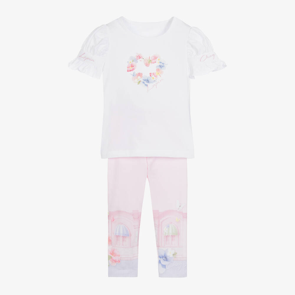 Lapin House-طقم ليغنغز قطن جيرسي لون زهري وأبيض للبنات | Childrensalon Outlet