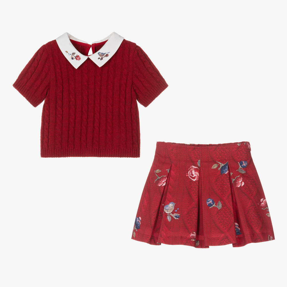 لابين هاوس-طقم تنورة بطبعة ورود قطن لون أحمر | Childrensalon Outlet