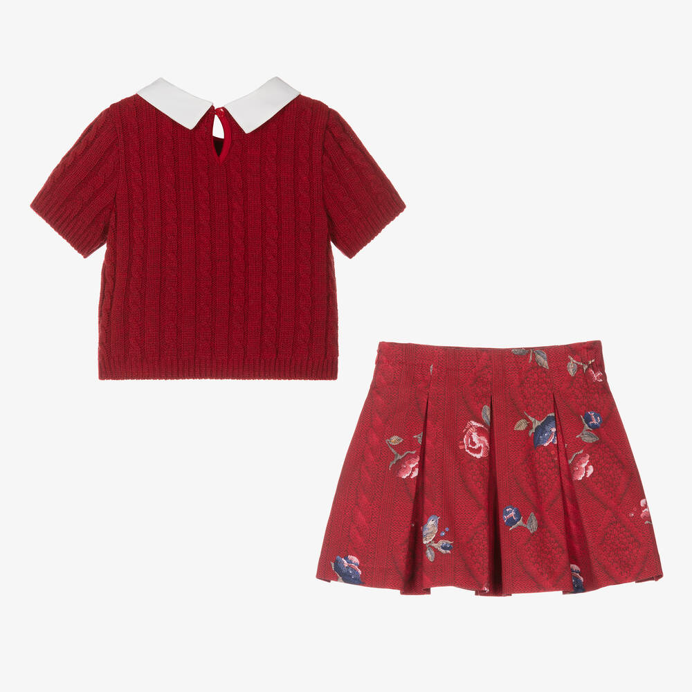 لابين هاوس-طقم تنورة بطبعة ورود قطن لون أحمر | Childrensalon Outlet