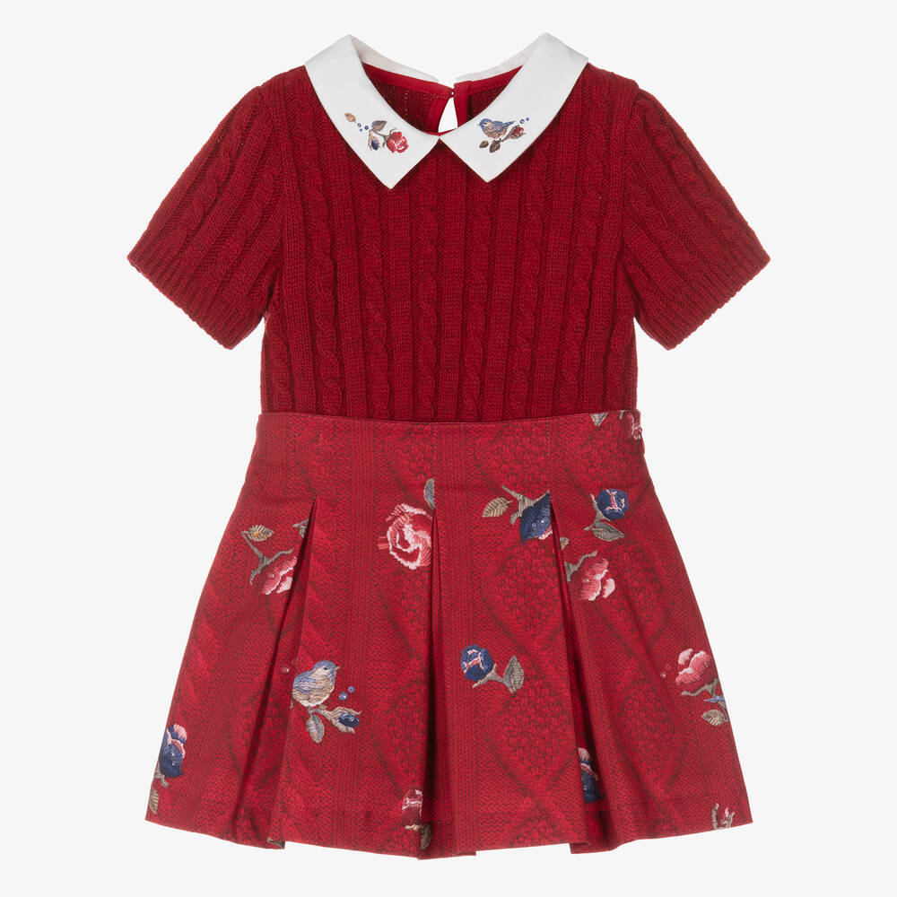 Lapin House-Girls Red Cotton Floral Bird Skirt Set | Childrensalon Outlet