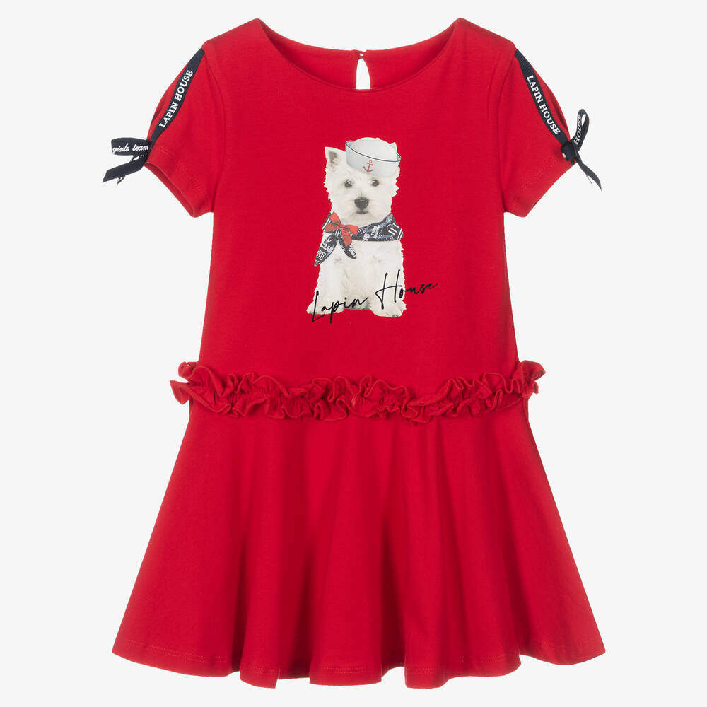 Lapin House - Girls Red Cotton Logo Dress | Childrensalon