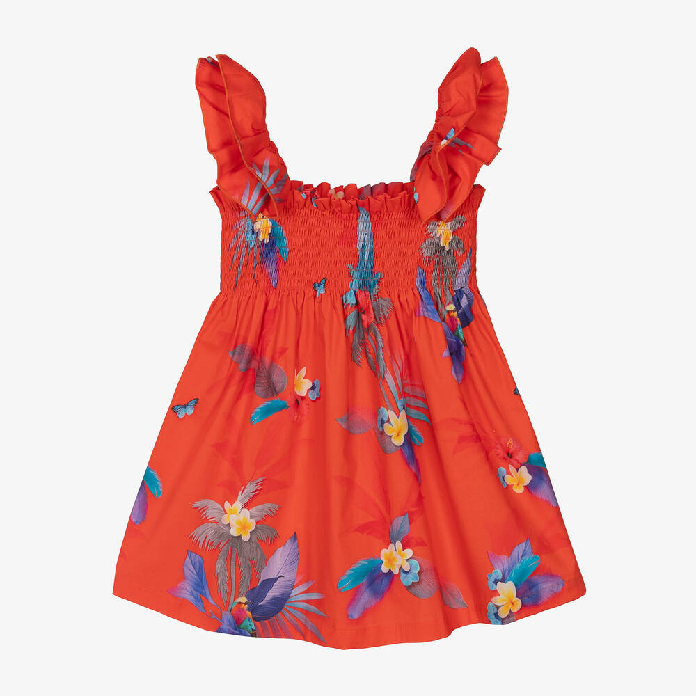 Lapin House-Girls Red Cotton Tropical Flowers Dress | Childrensalon Outlet